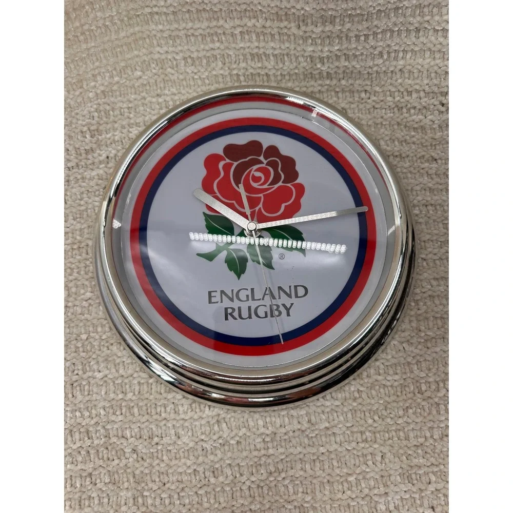 England Rugby Clock Wesco Red Rose Logo 12 Inch Silver Chrome Sports Decor 2007